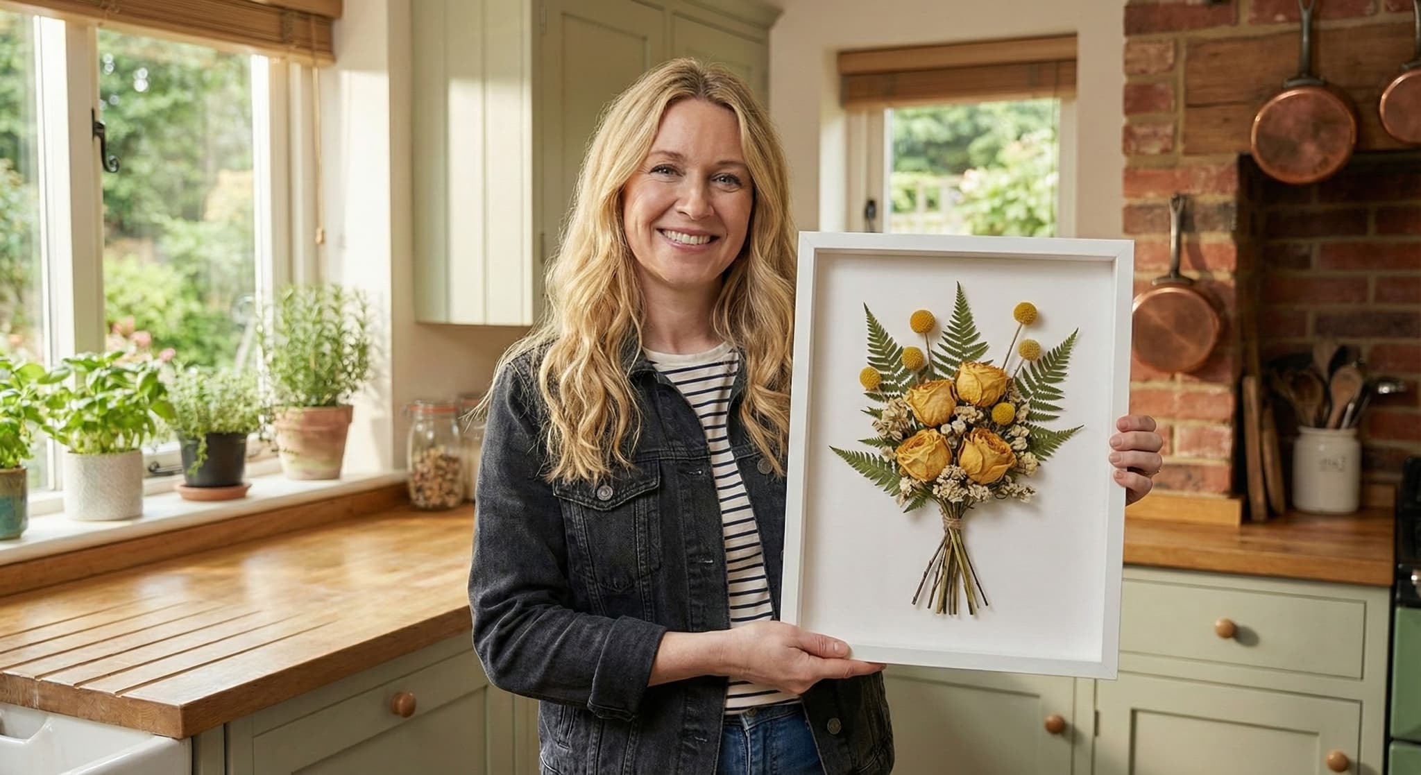 Preserved bouquet framed as a keepsake wall display above a console table