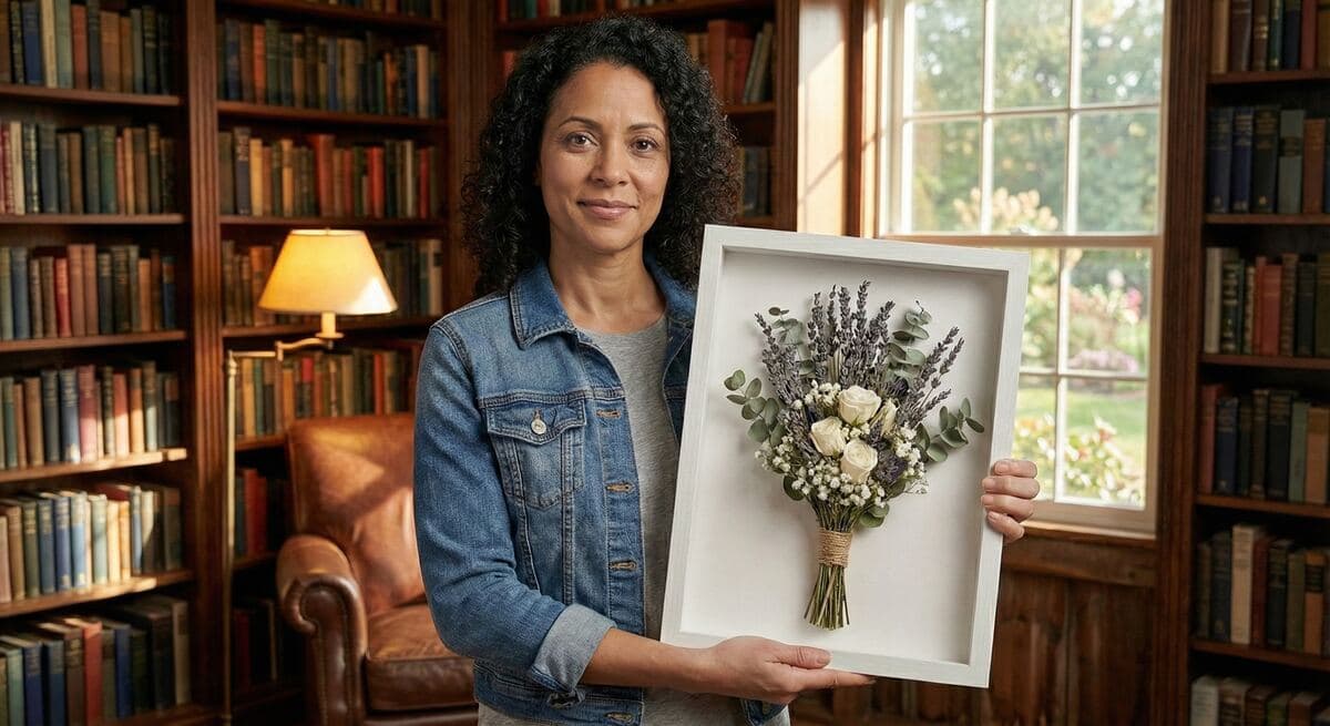 Dried floral arrangement in a deep shadow box frame viewed through clear acrylic