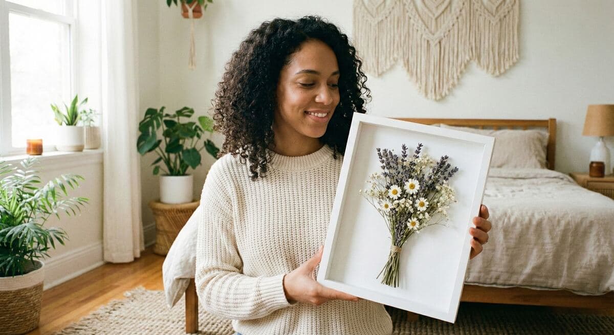 Preserved wedding bouquet in a shadow box frame styled in a bright living room