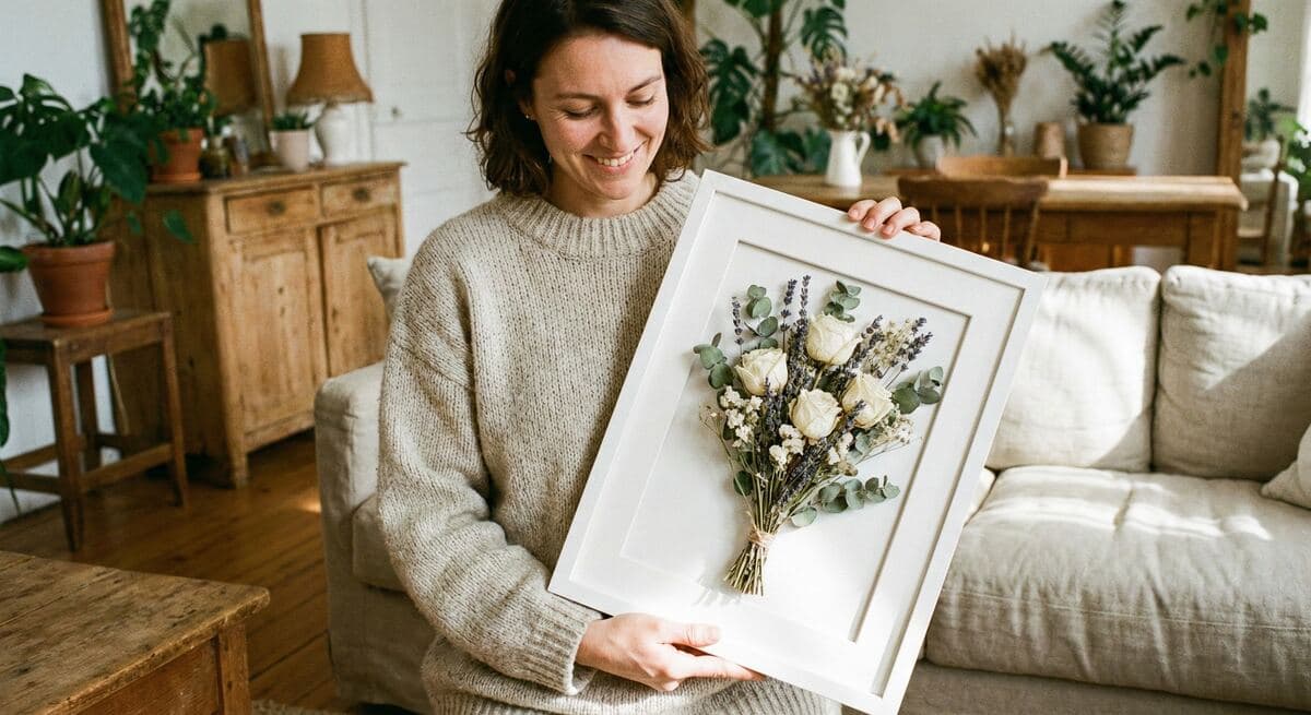 Round toss bouquet preserved in a square shadow box frame on a gallery wall