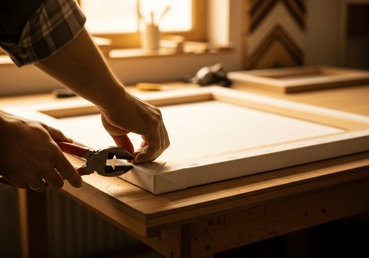 Hands hand-stretching a printed canvas over solid wood stretcher bars at a New Jersey frame shop bench