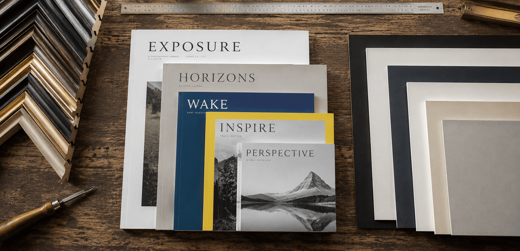 Collection of popular magazines (TIME, Vogue, National Geographic, Rolling Stone, and Life) displayed in custom frames at their correct standard sizes