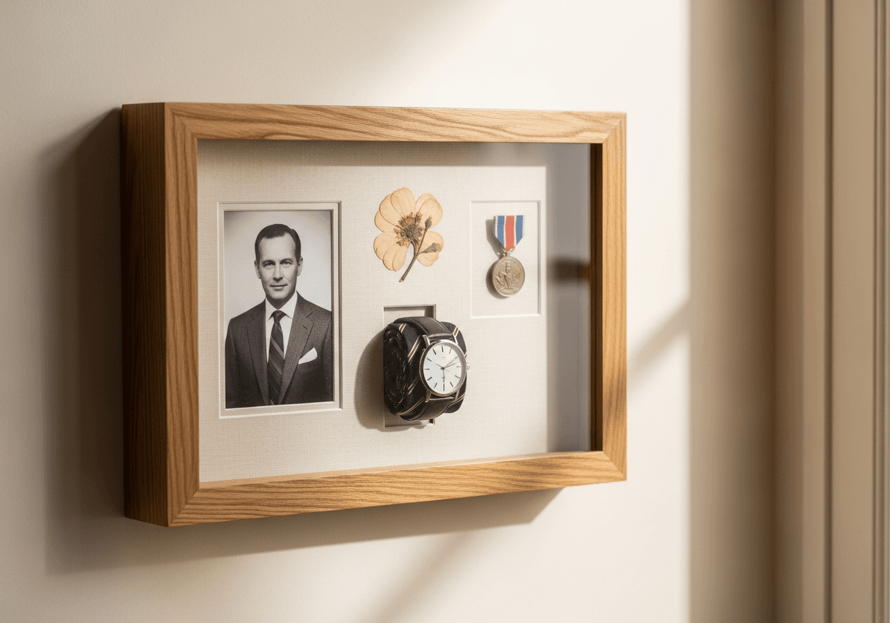 Oak memorial shadow box holding a portrait, watch, and keepsakes behind clear acrylic