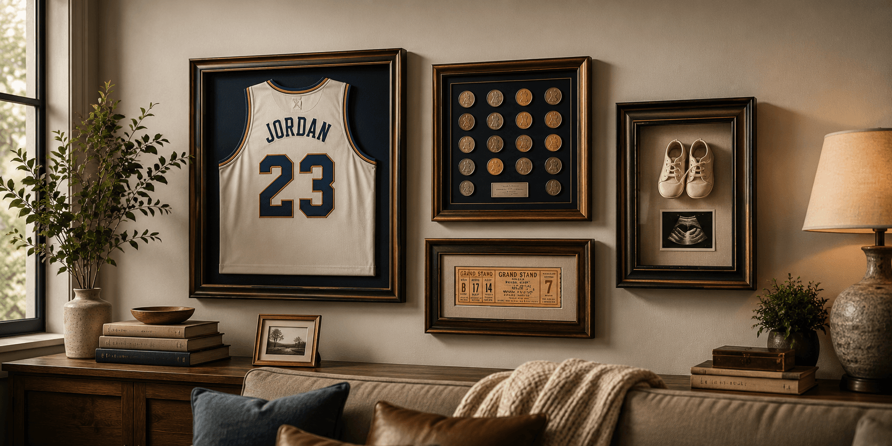Specialty frame wall featuring a Jordan jersey shadow box, coin collection display, baby shoes and sonogram, and a framed grandstand ticket stub