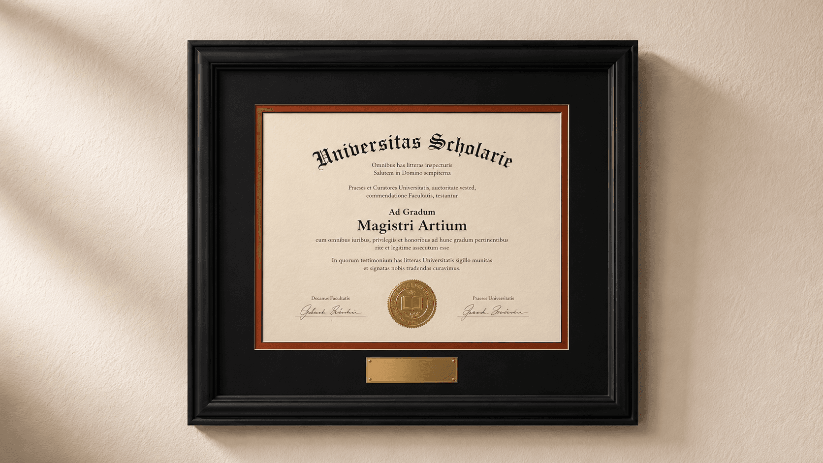 Custom-framed diploma in a black wood moulding with orange and black double matting, gold seal embossing, and an engraved nameplate, displayed on a neutral wall