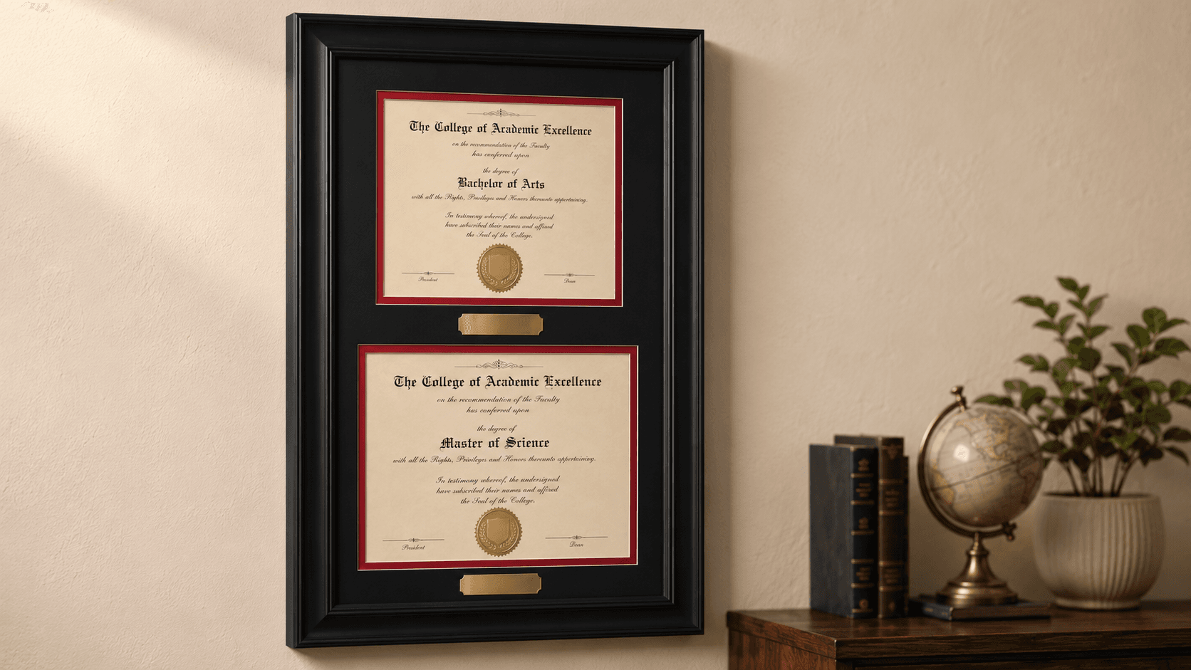 Double-diploma display featuring a Bachelor of Arts and Master of Science certificate stacked vertically in a black wood frame with scarlet matting and engraved gold nameplates, hanging above a wood console