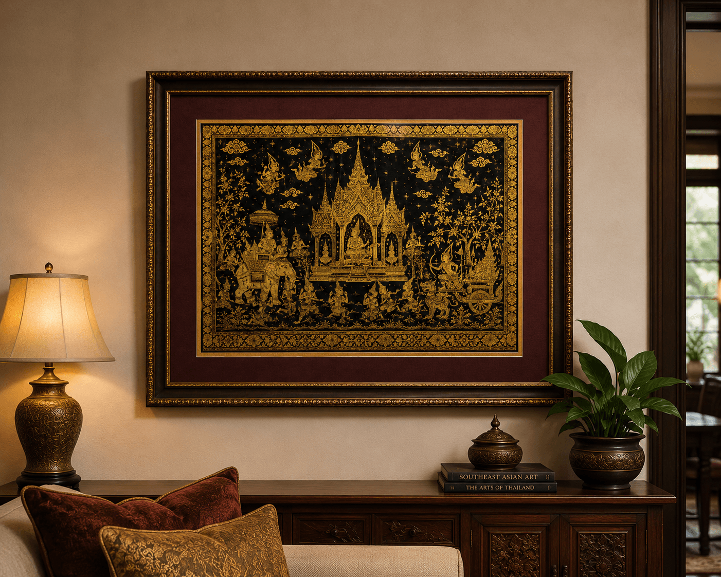 Finished Tanjore painting custom framed in shadow box configuration at our Somerset NJ facility, demonstrating conservation matting, acrylic glazing, and dimensional clearance for gold leaf work