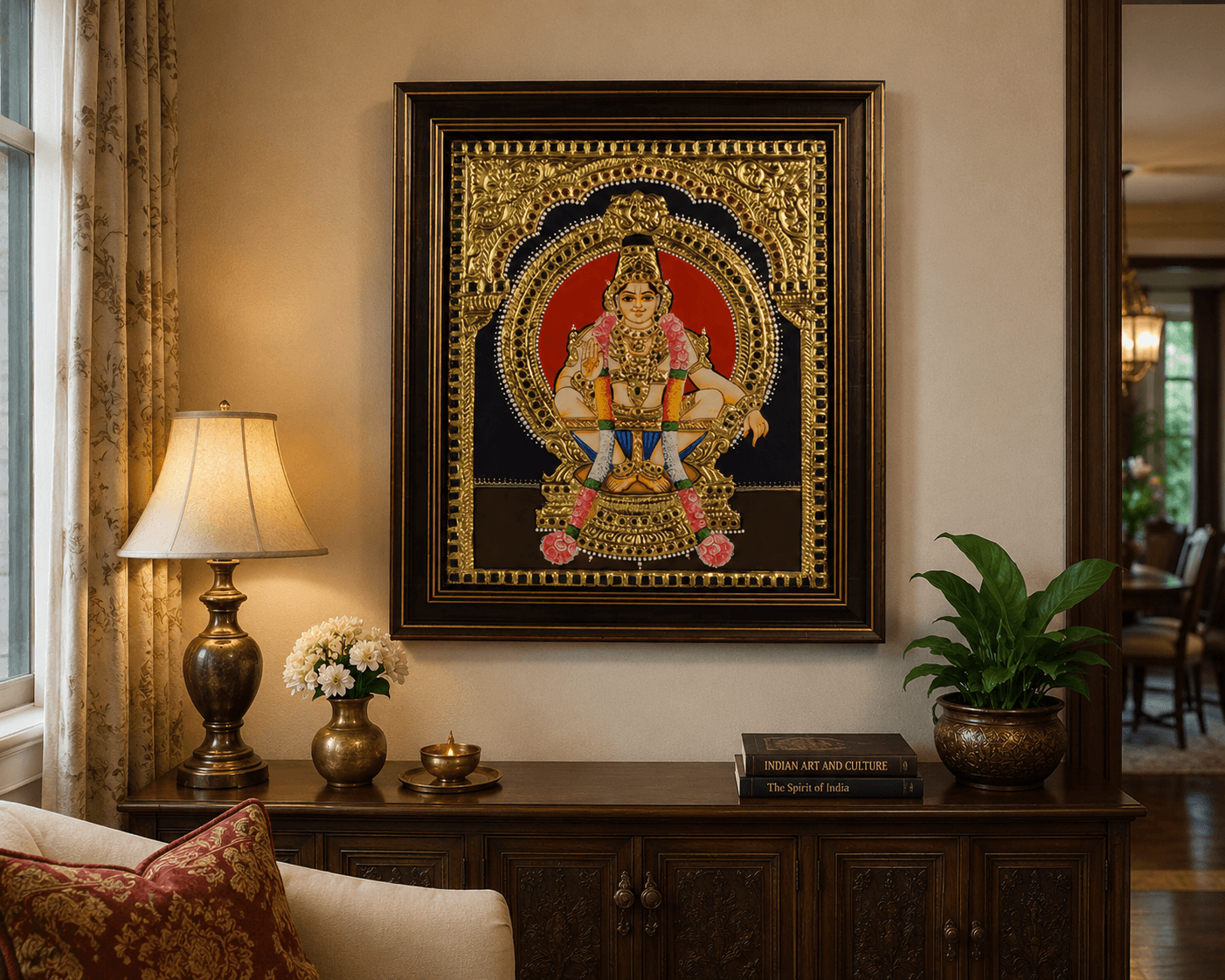 Finished Tanjore painting of Lord Ayyappa custom framed in a deep walnut moulding with gold inner liner, displayed above a console table in a Central NJ family home, demonstrating warm-wood moulding paired with traditional gold leaf and gesso work