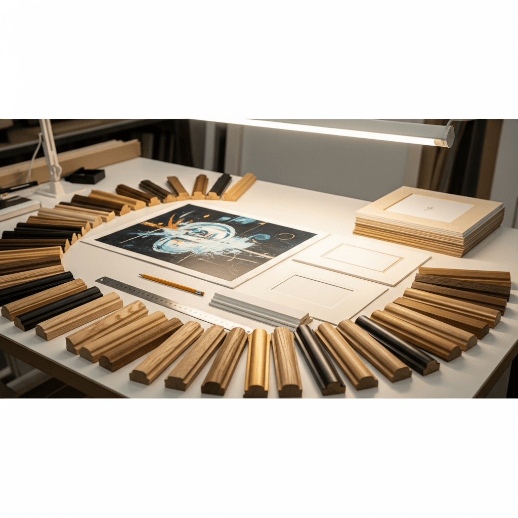 A framing consultation in progress on a clean work table: artwork laid flat surrounded by multiple wood moulding corner samples in matte black, honeyed oak, walnut, and gold-toned finishes, with cream and ivory mat board samples held adjacent under soft overhead task lighting