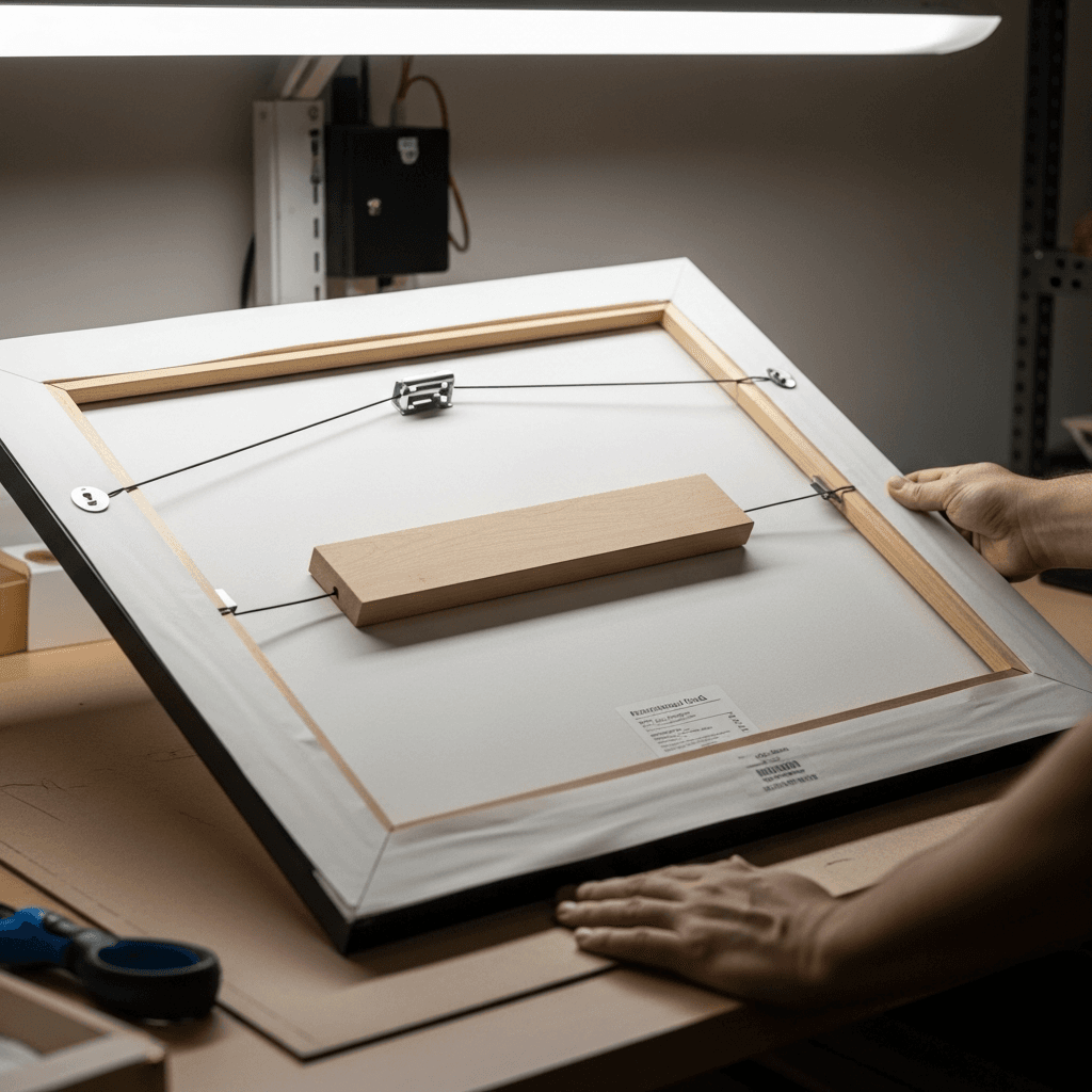 The back of a finished custom-framed artwork being inspected on a clean work surface: clean paper backing, professional dust seal, and proper hanging hardware installed, with a framer's hands holding the piece carefully at the edges under soft natural lighting
