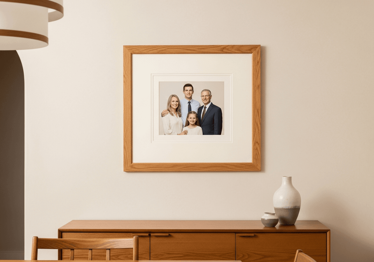 A custom-framed multi-generational family portrait in honeyed oak wood moulding with generous ivory archival matting, hanging in a contemporary suburban home dining room context