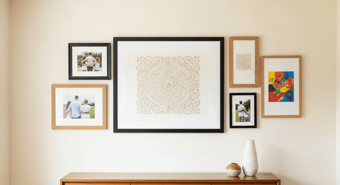 A curated gallery wall in a contemporary suburban Edison-area home: a central decorative South Asian pattern piece flanked by family portraits and a children's artwork piece, all framed in mixed honeyed oak and matte black mouldings with ivory archival matting