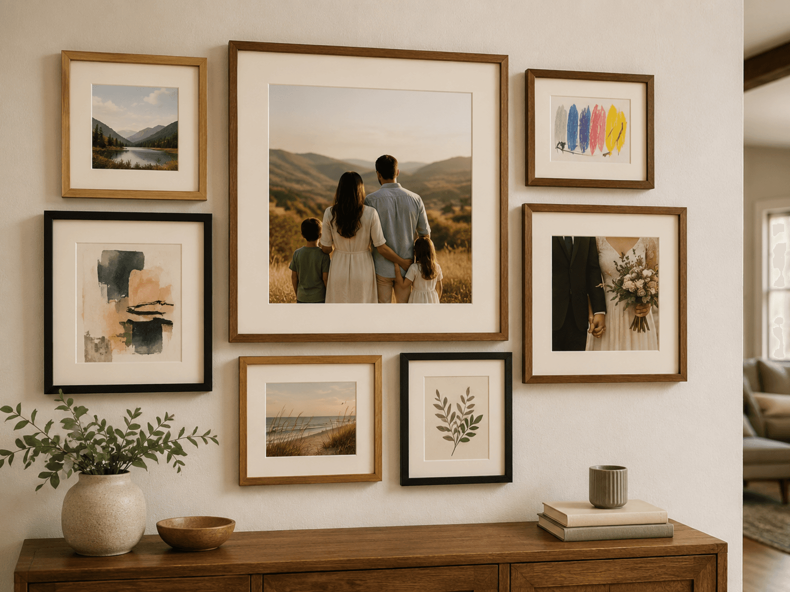Curated gallery wall of custom framed pieces in a Hillsborough NJ family home including a family portrait, children's artwork, a landscape painting, a framed diploma, and a wedding portrait, demonstrating the range of custom framing handled at our Somerset facility