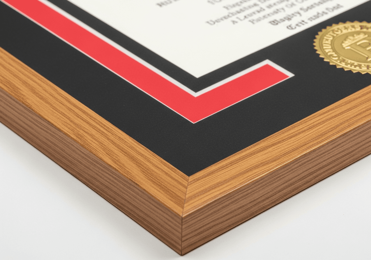 A close-up corner detail of a custom-framed diploma showing the archival framing technique: a thin scarlet inner mat transitioning to a broader matte black outer mat, with a honeyed oak wood frame edge and a partial view of an embossed gold seal