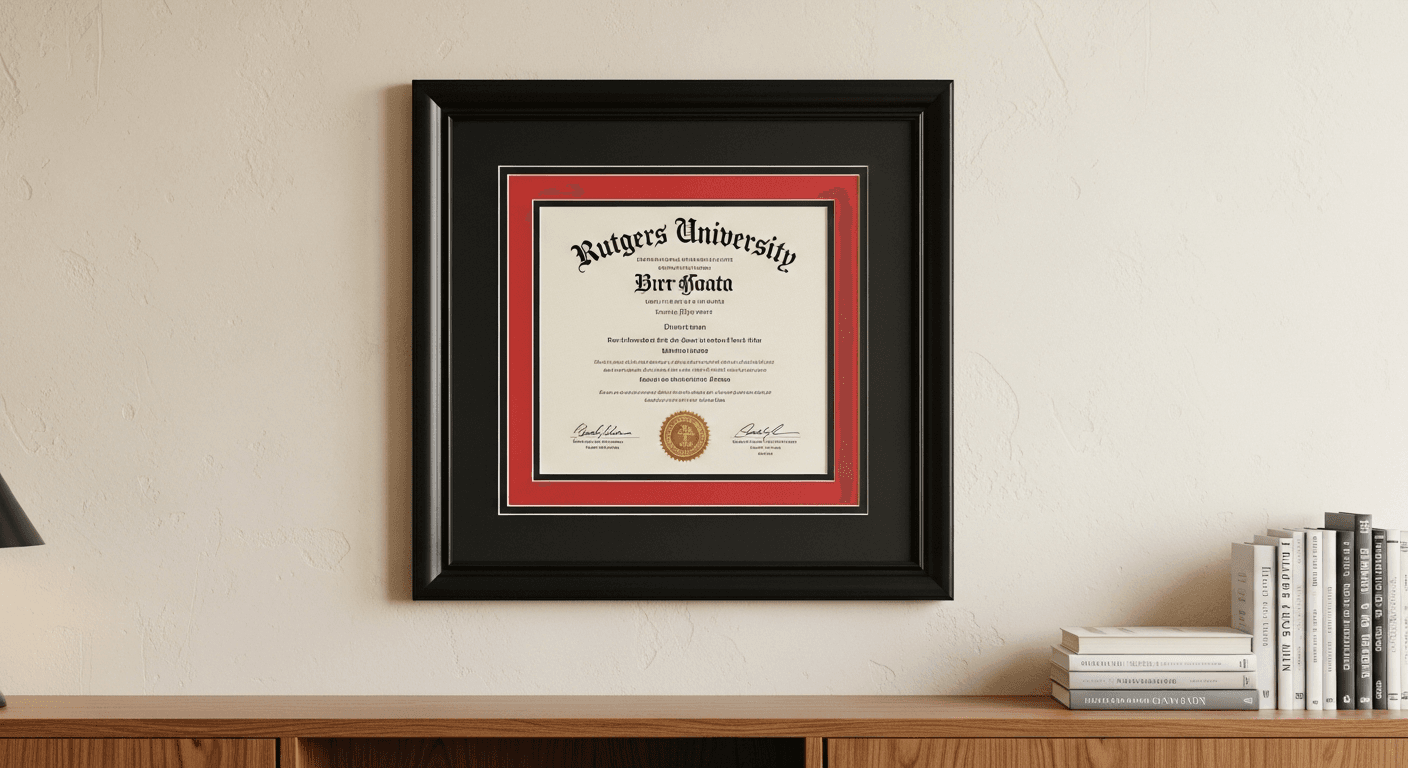A custom-framed Rutgers-style university diploma in scarlet-and-black double matting and a classic black wood frame, hanging in a contemporary home office with warm cream plaster walls and a partial view of a wood desk and bookshelf below