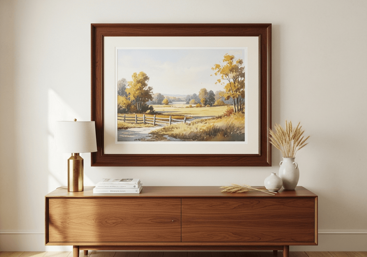 A single sophisticated original watercolor landscape framed in a deep mahogany hardwood moulding with cream archival mat, hanging above a walnut sideboard with a brass lamp and design books in a refined Princeton-area home study
