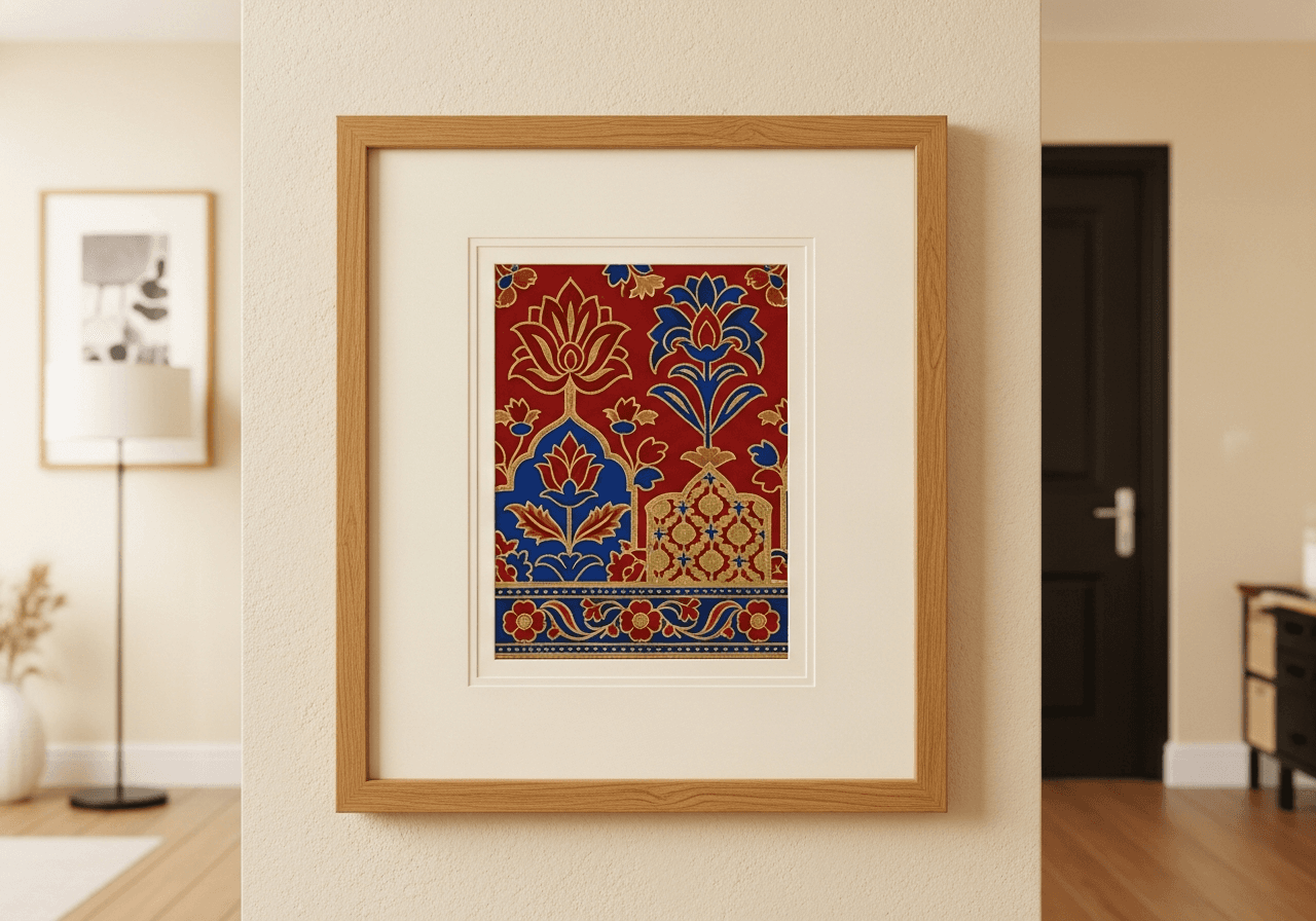 A single framed piece of decorative South Asian-style artwork with stylized floral pattern work in deep red, royal blue, and gold, set in a honeyed oak shadow box moulding with generous ivory archival matting, hanging on a warm cream plaster wall