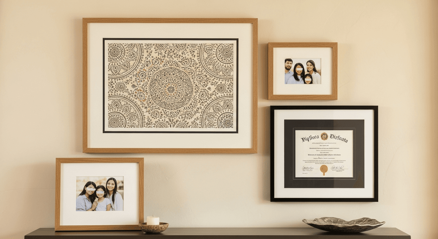 A curated arrangement on a contemporary South Brunswick-area home wall: a larger frame containing decorative South Asian pattern artwork, a family portrait at an angle, and a diploma in dark matting, all in honeyed oak and matte black mouldings with ivory archival matting, above a contemporary console table