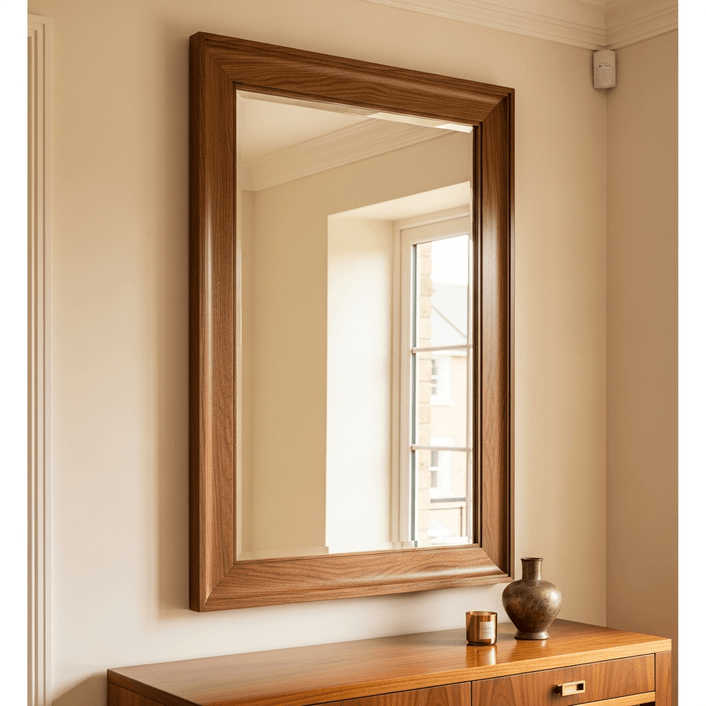A 30x40 inch custom-framed mirror in substantial warm walnut moulding with a classic two-inch face profile, mounted above a polished wood console table in a refined warm cream entryway with soft natural daylight