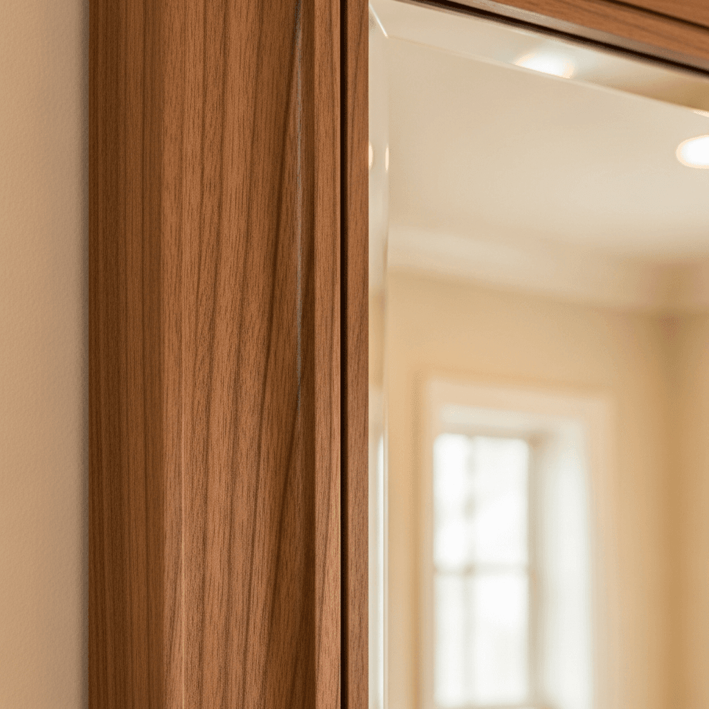 A macro close-up of a custom-framed mirror corner showing substantial walnut moulding joined at a clean miter, with the mirror's reflective surface showing a soft reflected interior of warm cream wall and window light