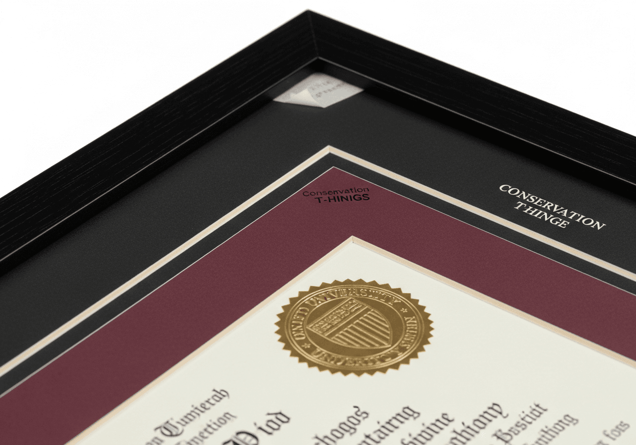 Close-up corner detail of a custom-framed diploma showing the archival framing technique: double matting with burgundy inner mat transitioning to black outer mat, black wood frame edge, archival paper texture, gold seal embossing, and T-hinge archival mounting visible at the inner edge