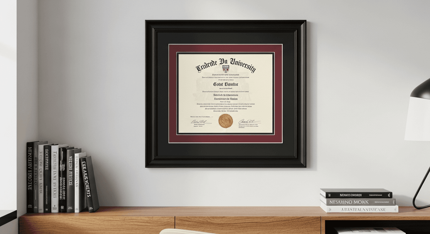 A custom-framed academic diploma in a black wood frame with double matting in burgundy and black, displayed on a wall above a contemporary wood desk with professional books, at our Somerset NJ frame shop