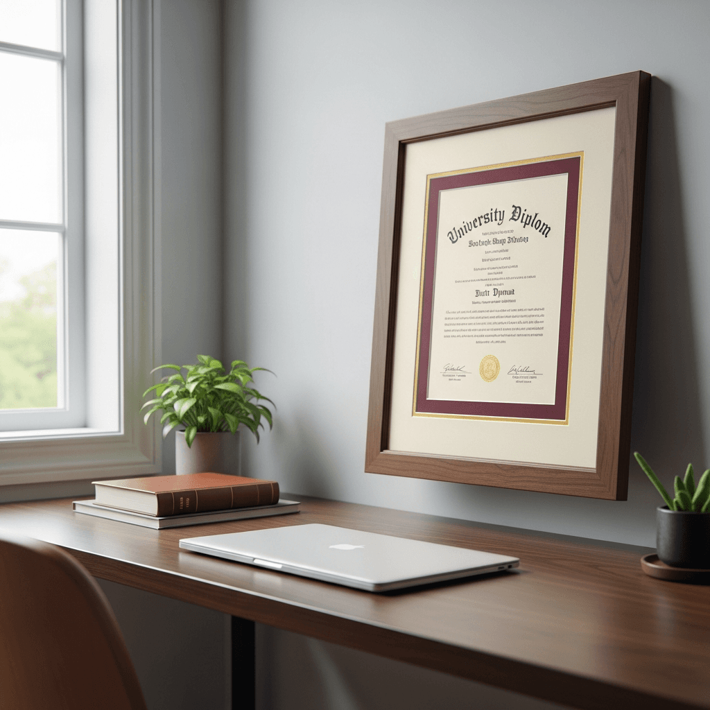Custom-framed diploma in deep walnut moulding with cream and burgundy double matting, displayed in a contemporary home office in a Hillsborough Township home