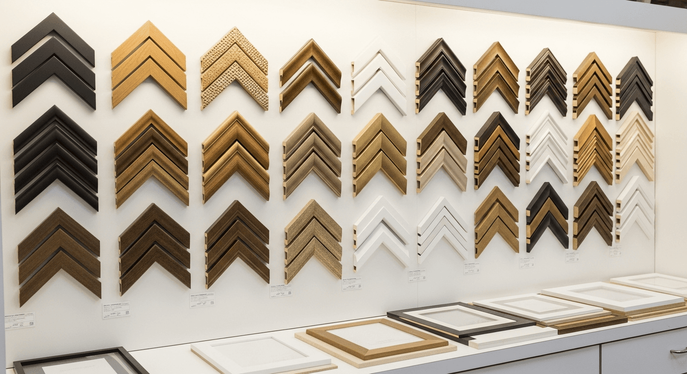 Wall display of over 200 moulding samples at our Somerset NJ frame shop showroom, including matte black, honeyed oak, walnut, brushed gold, antique silver, and white finishes mounted in a grid above a clean consultation counter