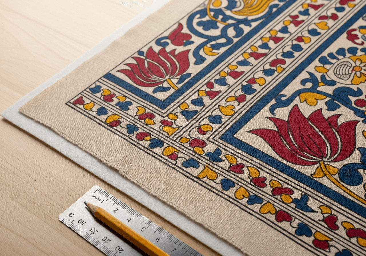 A close-up detail of a Kalamkari-style painted cotton textile showing natural-dye colors and traditional motifs, being prepared for framing on a clean workshop surface with archival backing materials underneath