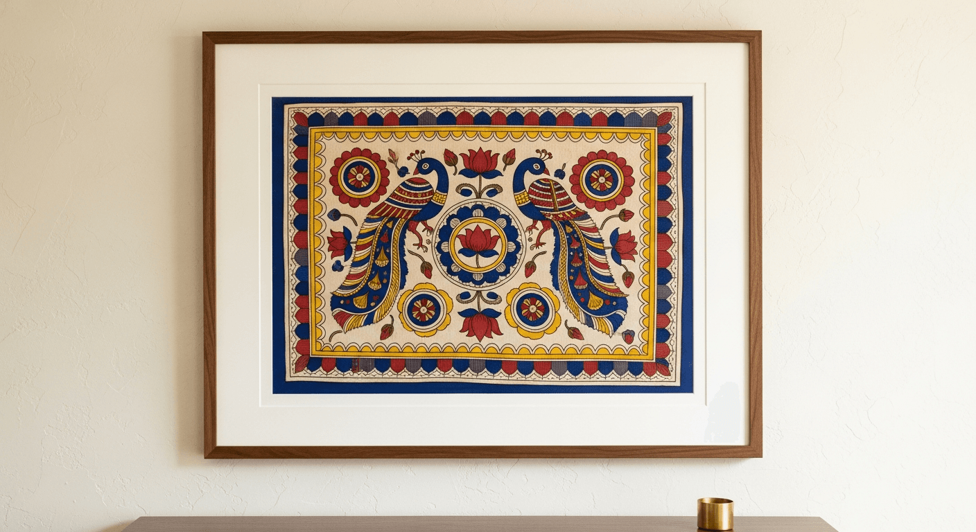A Kalamkari-style painted cotton textile with indigo, deep red, yellow ochre, and black motifs of peacocks, lotus, and geometric borders on a cream background, framed in warm walnut with ivory matting on a cream plaster wall
