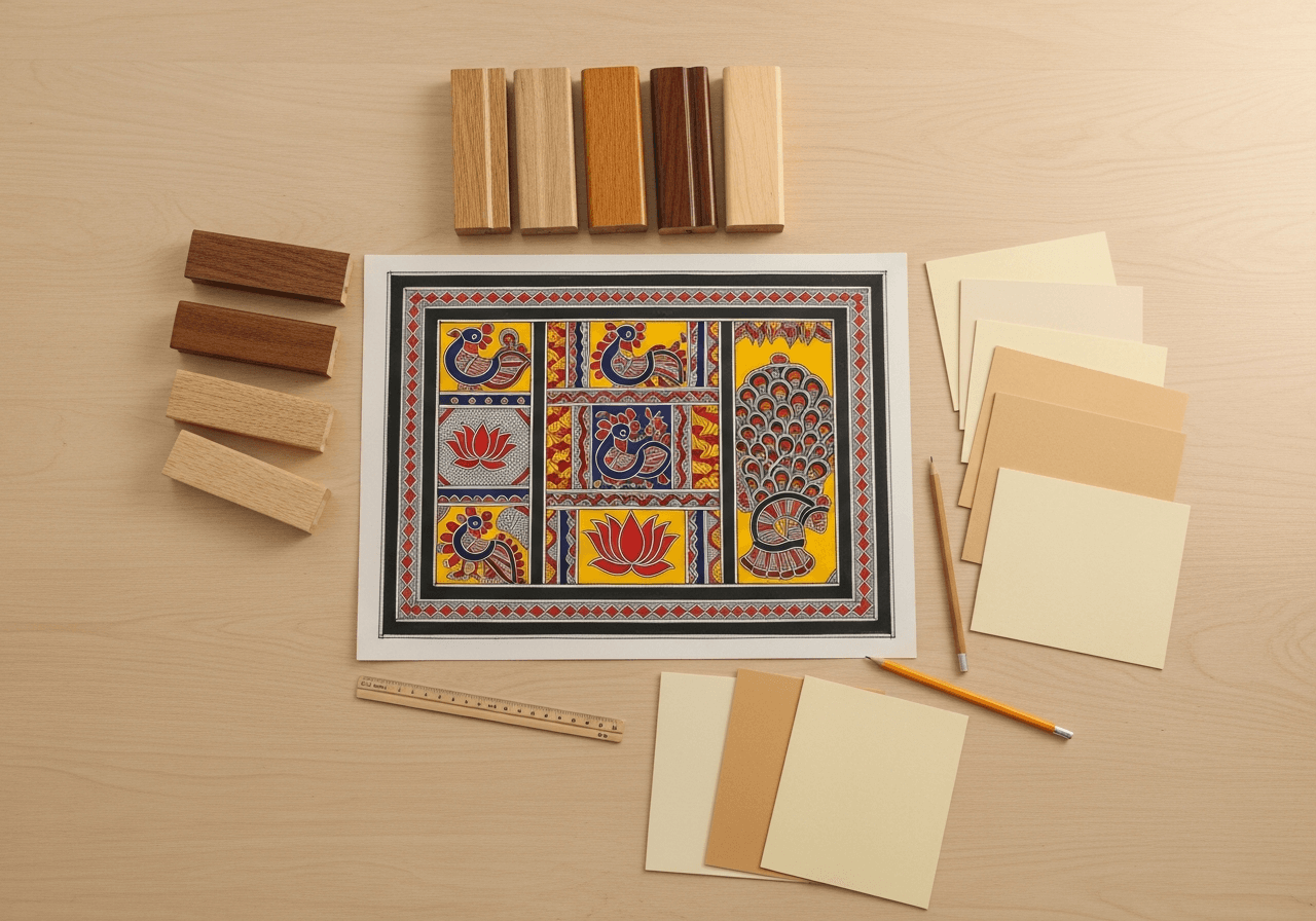 A Madhubani folk-art painting laid flat on a workshop table surrounded by warm wood moulding corner samples and ivory and cream mat board samples, mid-consultation