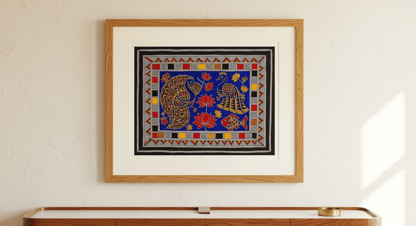 A Madhubani folk-art painting with double-line borders, geometric patterns, and stylized peacock and lotus motifs in natural pigment colors, framed in honeyed oak with ivory matting on a warm cream wall