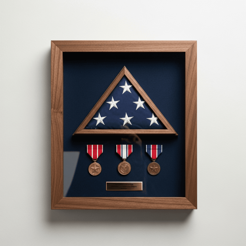 Custom military shadow box in dark walnut moulding holding a folded American flag in a triangular display case and three service medals arranged in regulation order against navy backing fabric