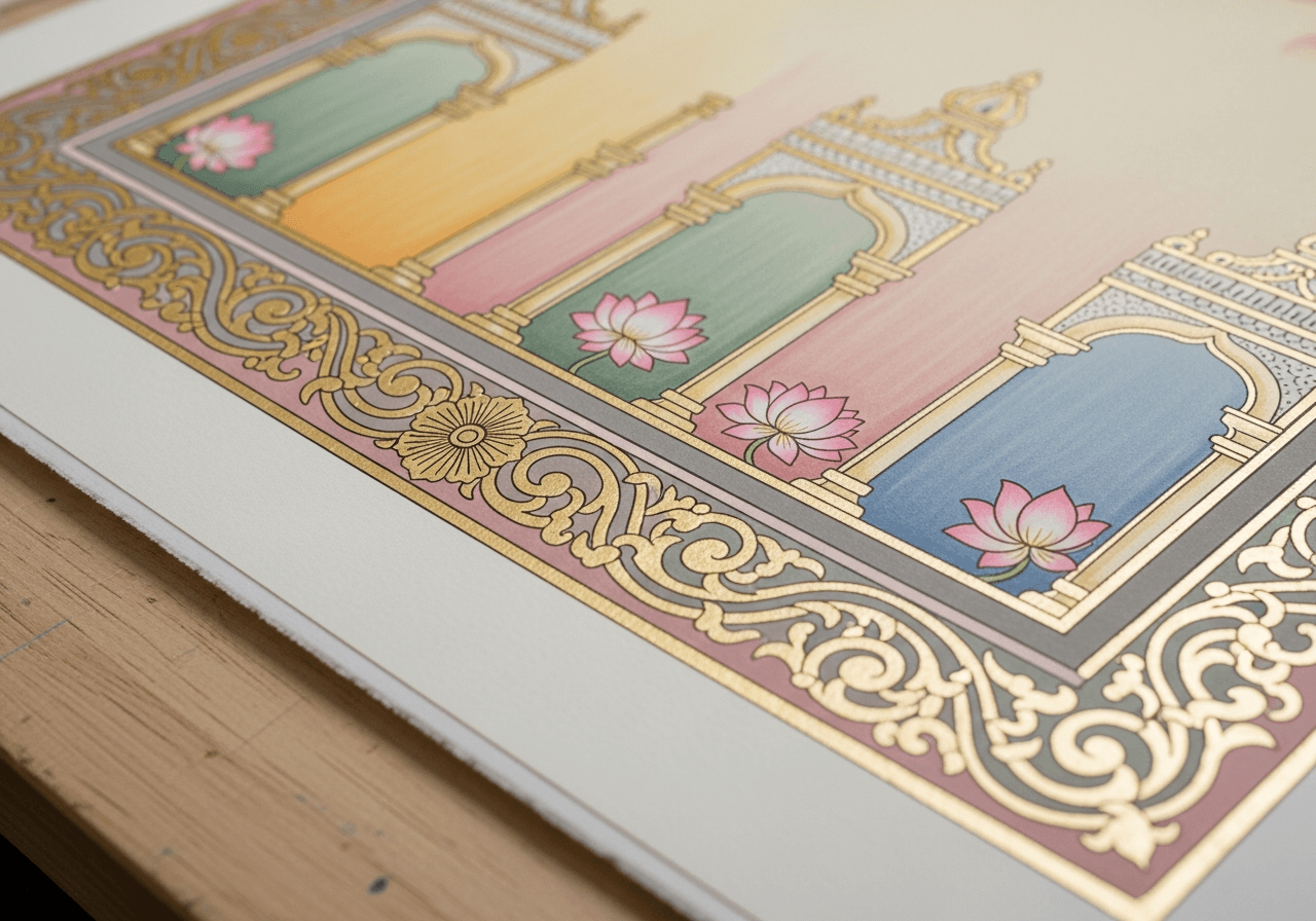 A close-up detail of a Mysore-style classical painting showing the subtle pastel palette and delicate 24-karat gold-leaf accents on architectural ornament and decorative borders