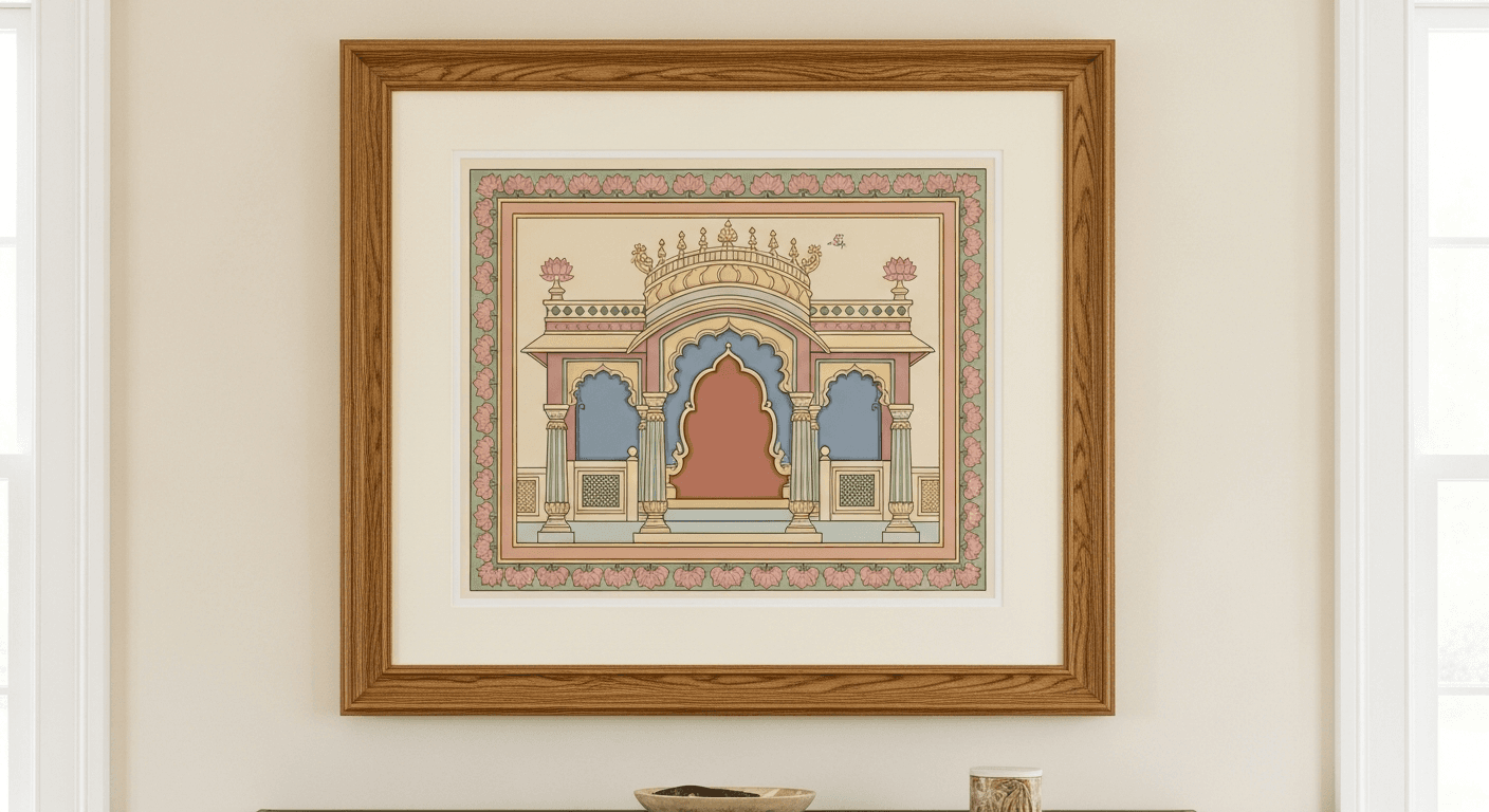 A refined Mysore-style classical painting with subtle pastel palette of cream, soft pink, pale blue, and muted sage, accented with delicate 24-karat gold-leaf highlights, framed in honeyed oak with ivory matting on a warm cream plaster wall
