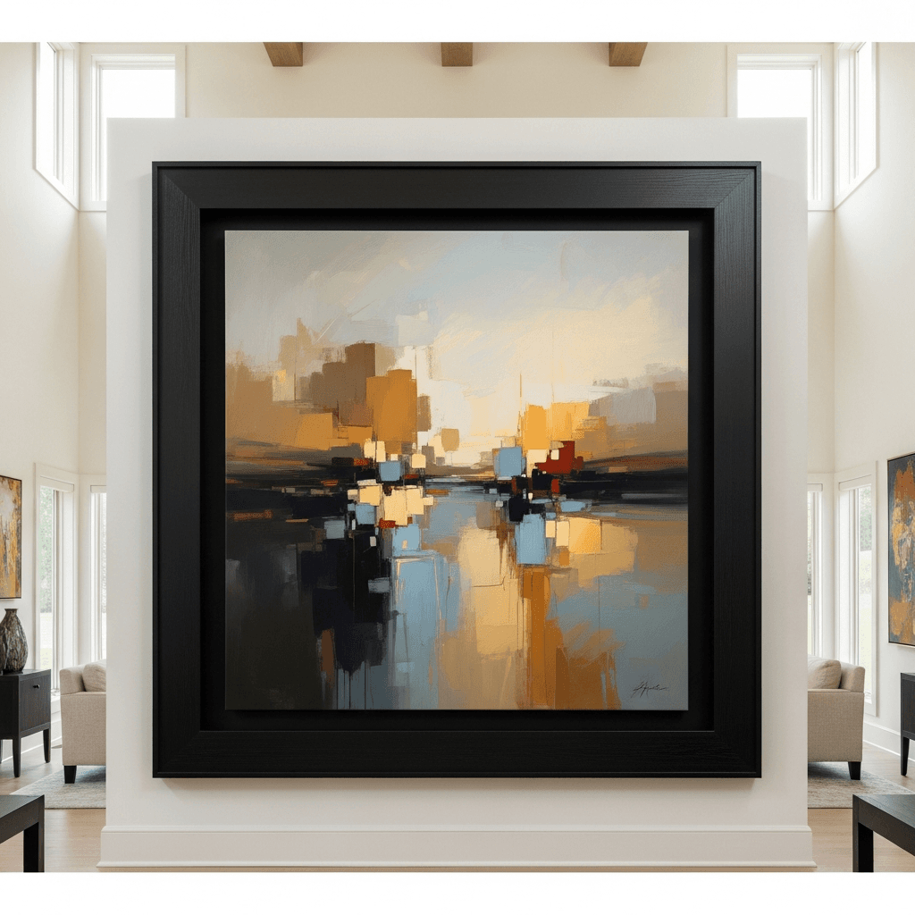 A 48x72 inch floater-framed canvas with abstract impressionist artwork in muted earth tones and soft blues, displayed on a warm white wall in a contemporary high-ceilinged residential space with soft natural daylight