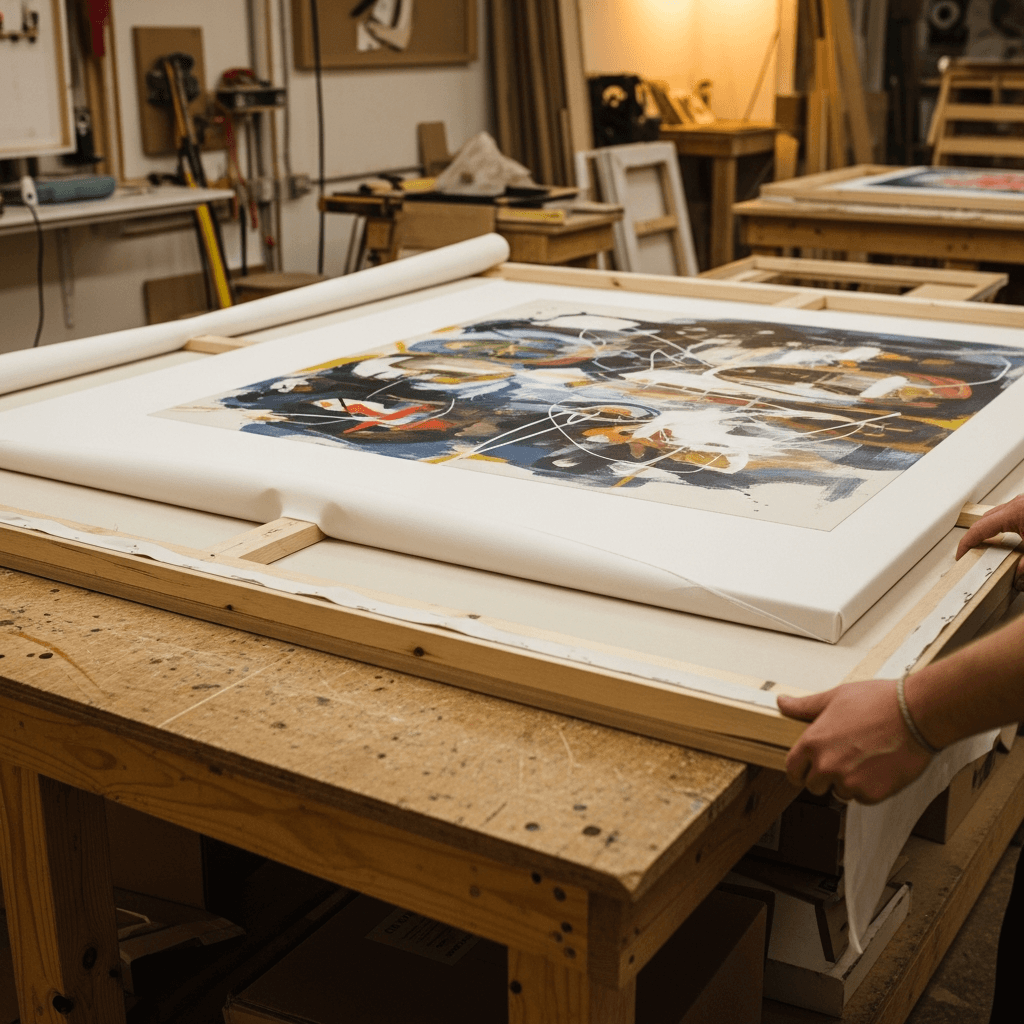 A documentary workshop scene of an oversized canvas being pulled taut over substantial wood stretcher bars on a workshop bench, with framers' hands visible at the edges and other framing tools in the background