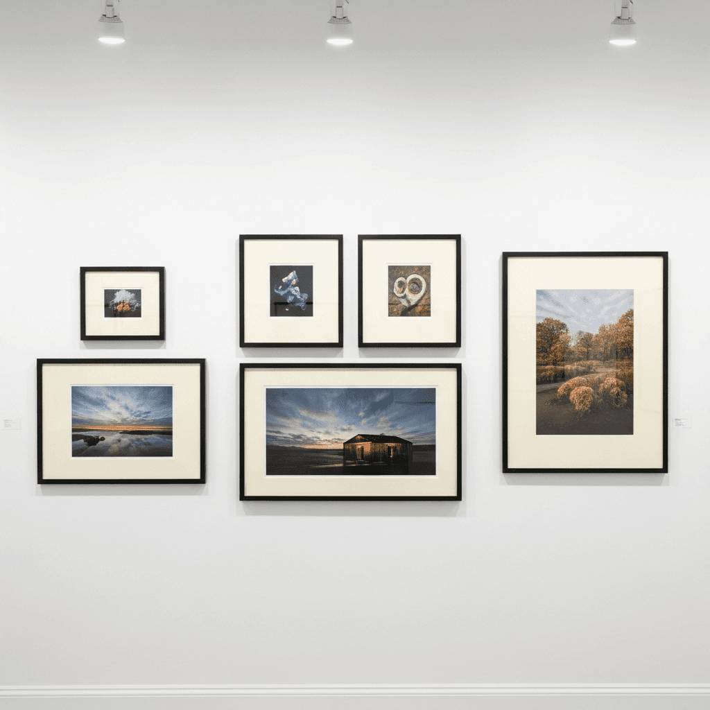 A curated gallery wall of four to five matte-black-framed fine art prints with generous ivory archival matting, arranged in a balanced composition on a clean off-white gallery wall under soft overhead lighting