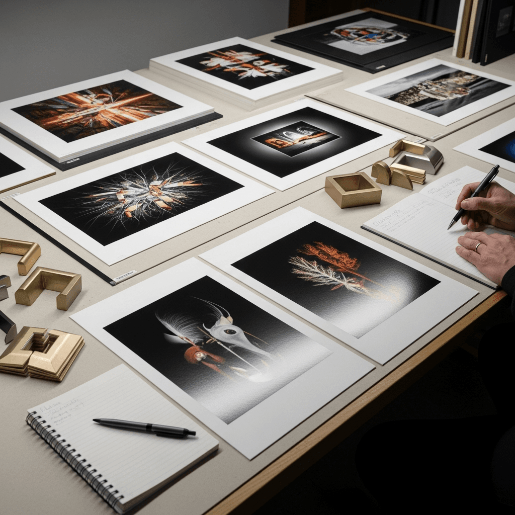 A documentary view of a portfolio review in progress: multiple fine art prints laid out on a clean work table with mat board samples and moulding corner samples arranged around them under soft overhead lighting