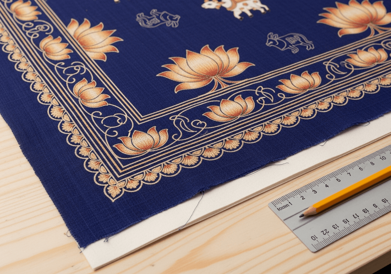 A close-up detail of a Pichwai painted-cotton textile showing lotus and decorative motifs in indigo and gold, being prepared for framing on a clean workshop surface with archival cotton backing visible underneath