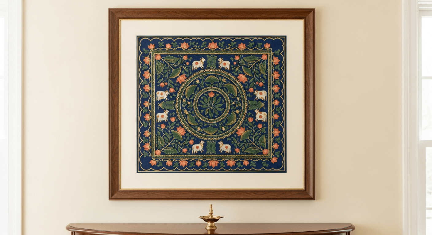 A large Pichwai-style painted textile artwork with deep indigo background, stylized lotus and cow motifs, and warm gold-toned highlights, framed in rich walnut with ivory matting on a warm cream wall