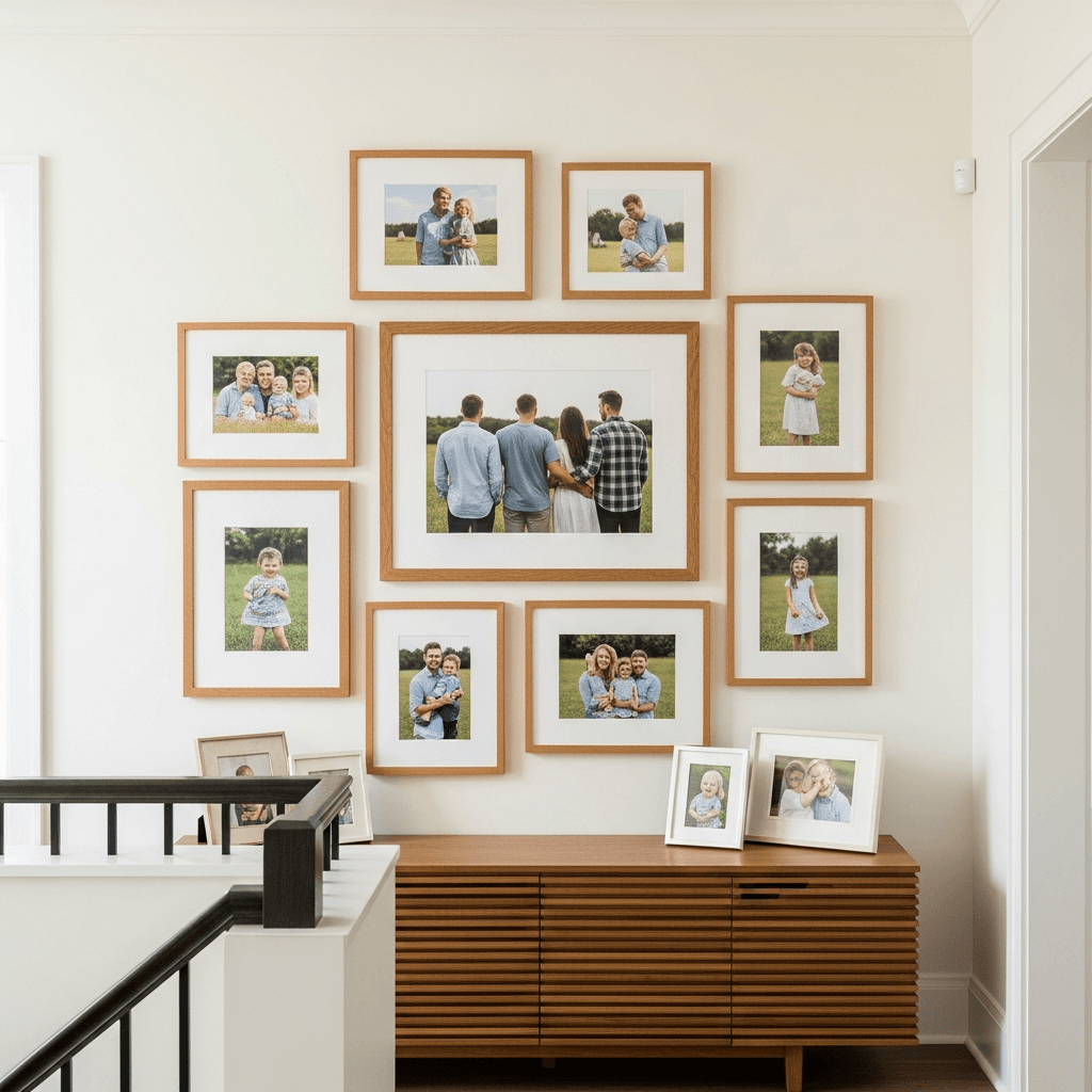 Curated family gallery wall of 6 to 7 framed family portraits and artistic pieces in matching honeyed oak frames with ivory matting hung in a contemporary Basking Ridge family home interior