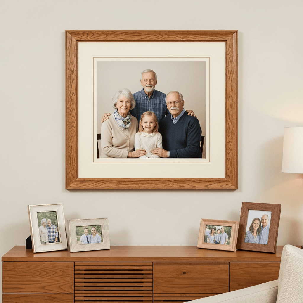 Multi-generational family portrait in honeyed oak moulding with generous ivory matting displayed prominently in a sophisticated Basking Ridge family room above a contemporary wood console with coordinated smaller family frames