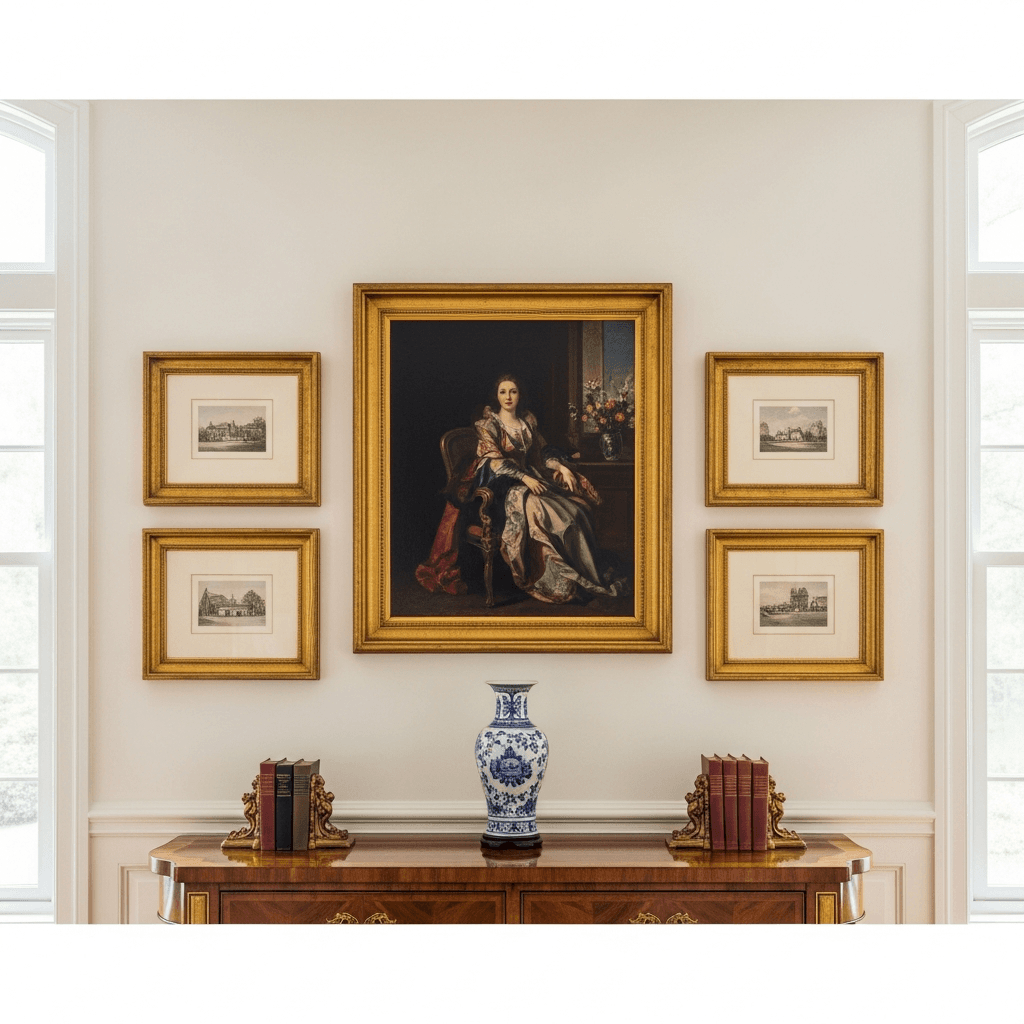 Sophisticated symmetrical gallery wall arrangement of 4 to 5 coordinated framed pieces in rich gold-toned and warm walnut moulding with consistent ivory matting in a refined Somerset Hills home library setting