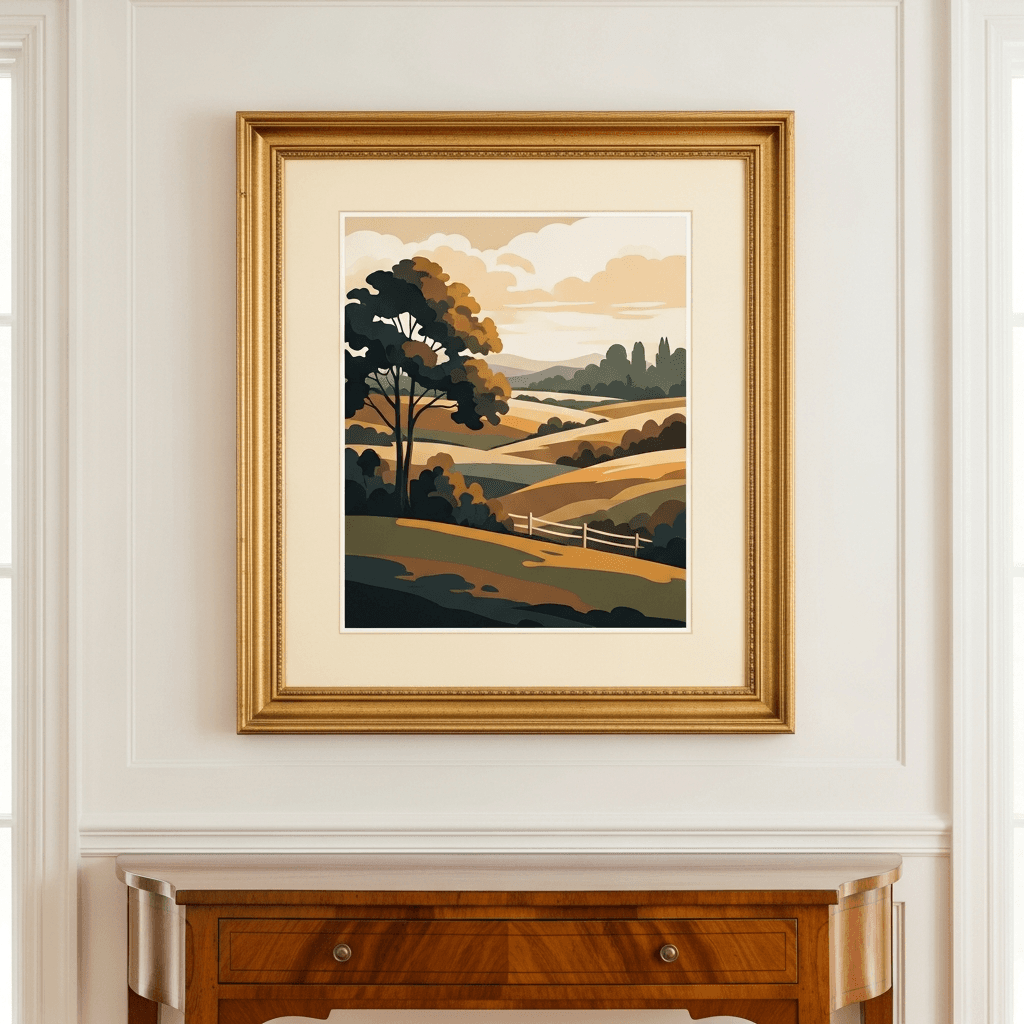 Finely framed equestrian country landscape in rich gold-toned wood moulding with warm ivory archival matting hung in a refined Somerset Hills home interior above an antique-style polished wood console