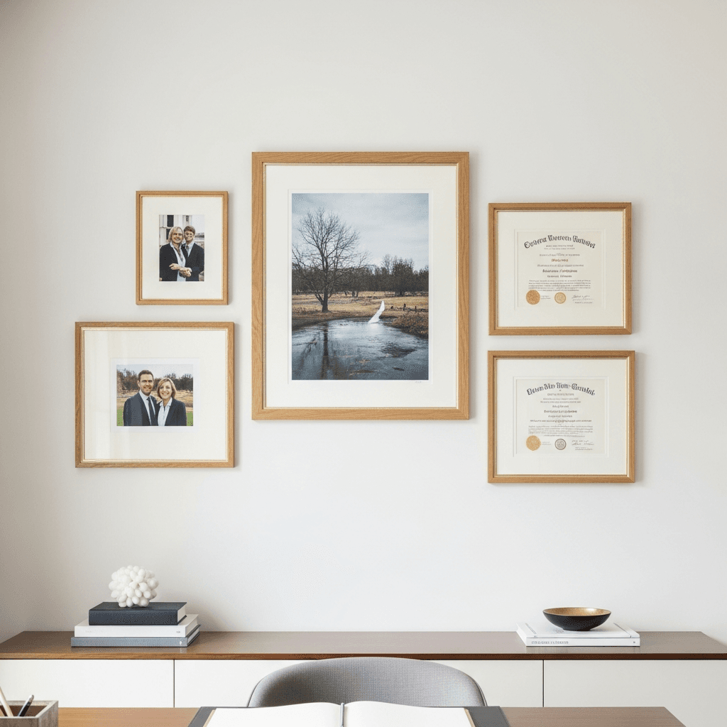 A curated 5-piece gallery wall arrangement in a sophisticated home office: a central larger framed artwork, two medium framed portraits, and two smaller framed credentials, all in matching honeyed oak moulding with ivory archival matting above a contemporary executive console