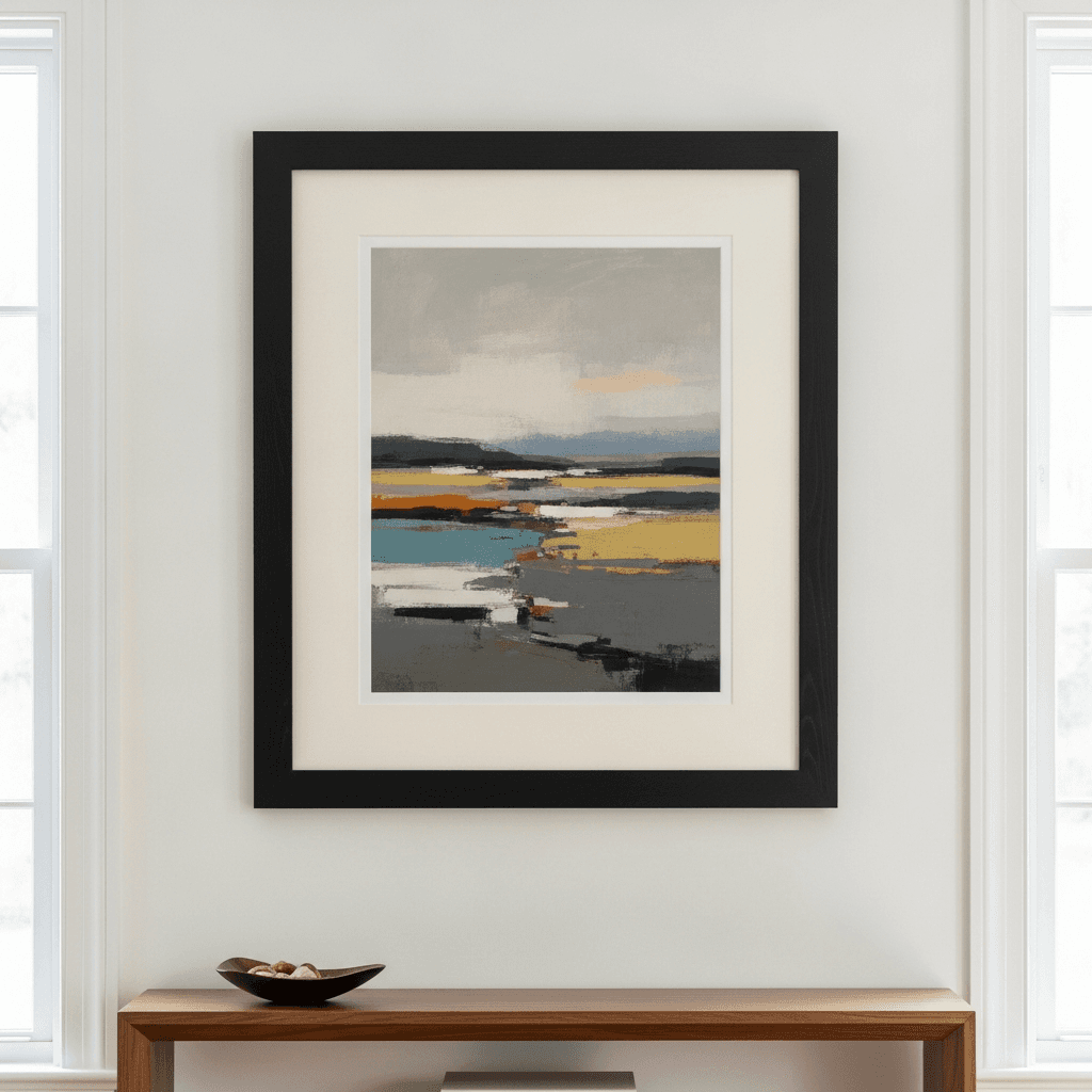 A single sophisticated abstract landscape painting in a matte black wood frame with generous ivory archival matting, displayed above a walnut console table in a refined contemporary Bridgewater-area home interior