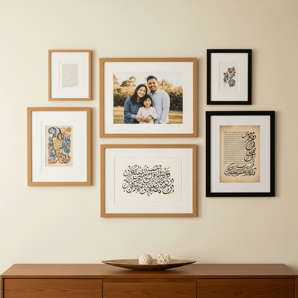 Curated wall arrangement of 4 to 5 framed pieces, a family portrait, artwork, and document-style content, in matching honeyed oak and matte black frames with ivory matting in a contemporary East Brunswick suburban home interior