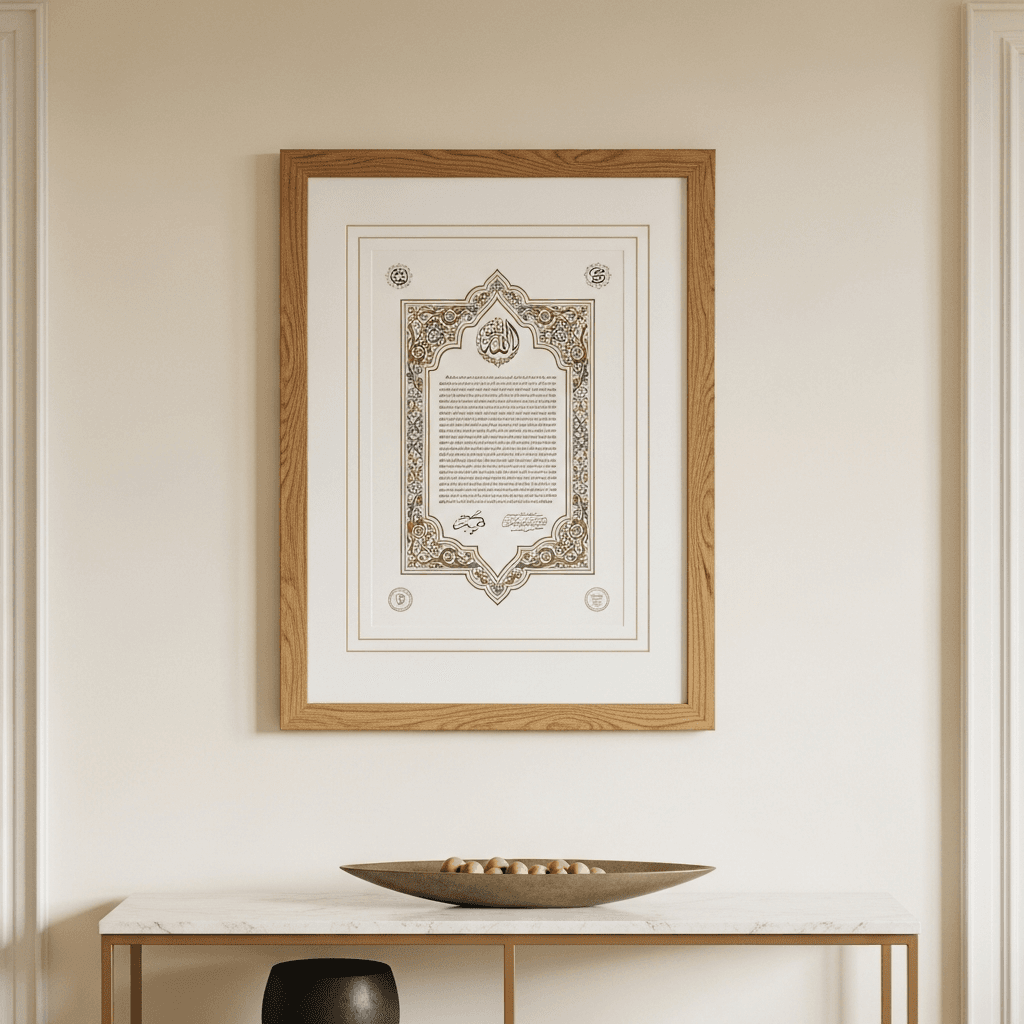 A framed document with decorative pattern work and calligraphic-style elements in honeyed oak moulding with generous ivory matting, displayed in a contemporary home interior, archival framing approach used for ketubahs and important documents