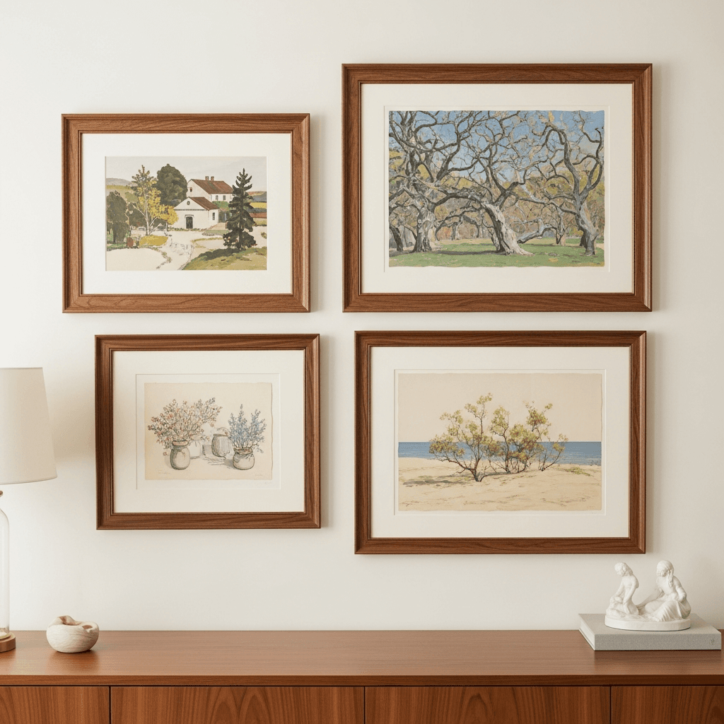 A curated four-piece gallery arrangement of original artwork in varying sizes in matching warm walnut moulding with consistent ivory archival matting, displayed above a refined wood console with a small porcelain piece in a Hopewell-style art-collector's home interior with warm white walls
